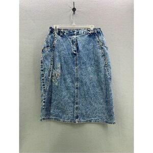 Vintage 80s Pretty Bleu Womens Blue Acid Wash Beaded Embellished Jean Skirt Size